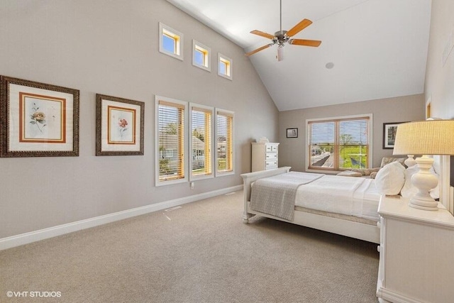 210 E Water St, New Buffalo, MI 49117 - carpeted bedroom with high vaulted ceiling, baseboards, and ceiling fan