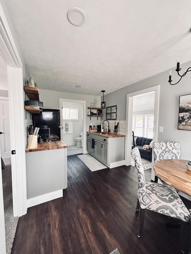 855 W Locust St, White Cloud, MI 49349 - kitchen with wood counters, open shelves, plenty of natural light, and a textured ceiling