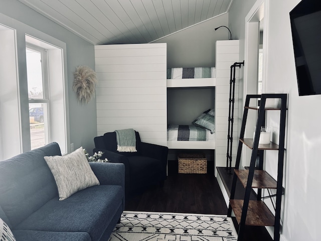 855 W Locust St, White Cloud, MI 49349 - living room with wood ceiling, vaulted ceiling, and wood finished floors