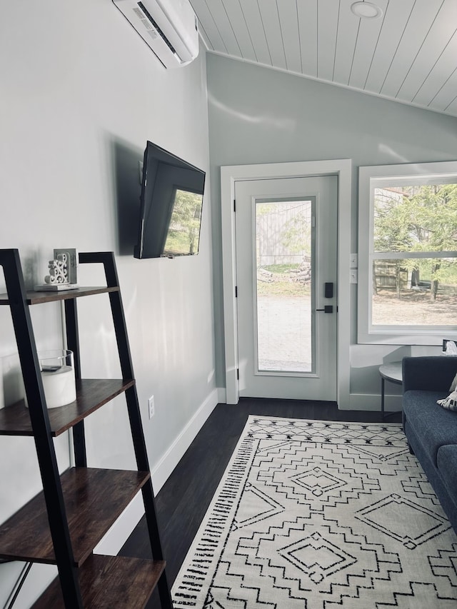 855 W Locust St, White Cloud, MI 49349 - doorway featuring an AC wall unit, plenty of natural light, dark wood finished floors, baseboards, and wood ceiling