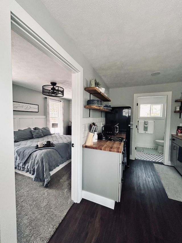 855 W Locust St, White Cloud, MI 49349 - bedroom featuring dark wood-style floors, a textured ceiling, and ensuite bathroom