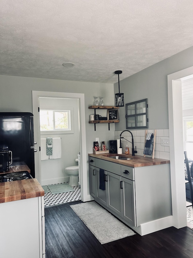 855 W Locust St, White Cloud, MI 49349 - kitchen featuring butcher block counters, a sink, plenty of natural light, tasteful backsplash, and a textured ceiling