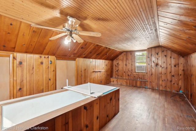 6008 Andersonville Rd, Waterford, MI 48329 - bonus room with wooden ceiling, wooden walls, hardwood / wood-style flooring, vaulted ceiling, and cooling unit