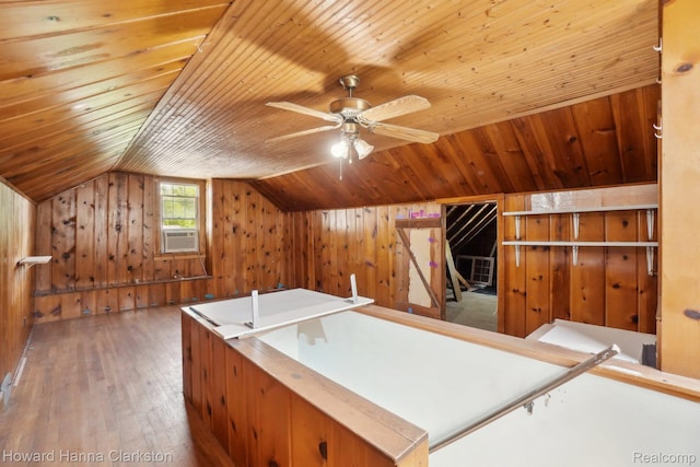 6008 Andersonville Rd, Waterford, MI 48329 - bonus room with wooden walls, wood-type flooring, wood ceiling, vaulted ceiling, and a ceiling fan