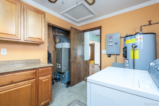 2500 Howe St, Shelby, MI 48317 - laundry area with water heater, washer / dryer, cabinet space, ornamental molding, and attic access