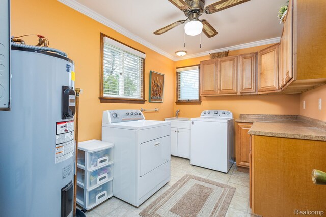 2500 Howe St, Shelby, MI 48317 - laundry area featuring electric water heater, cabinet space, independent washer and dryer, a ceiling fan, and ornamental molding