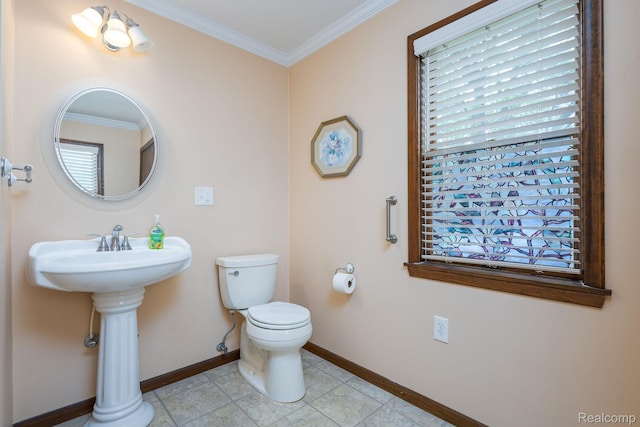 2500 Howe St, Shelby, MI 48317 - half bathroom with baseboards, toilet, ornamental molding, and healthy amount of natural light