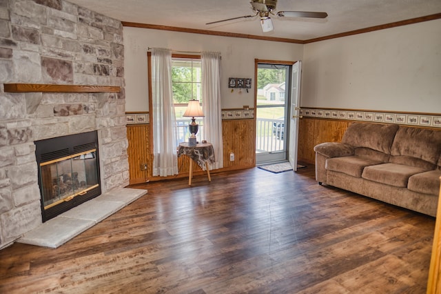 270 E Southern Rd, Coldwater, MI 49036 - living area featuring a wainscoted wall, ceiling fan, wood finished floors, a stone fireplace, and crown molding