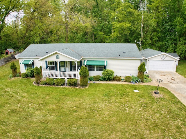270 E Southern Rd, Coldwater, MI 49036 - ranch-style home with a porch, driveway, a front yard, and an outbuilding