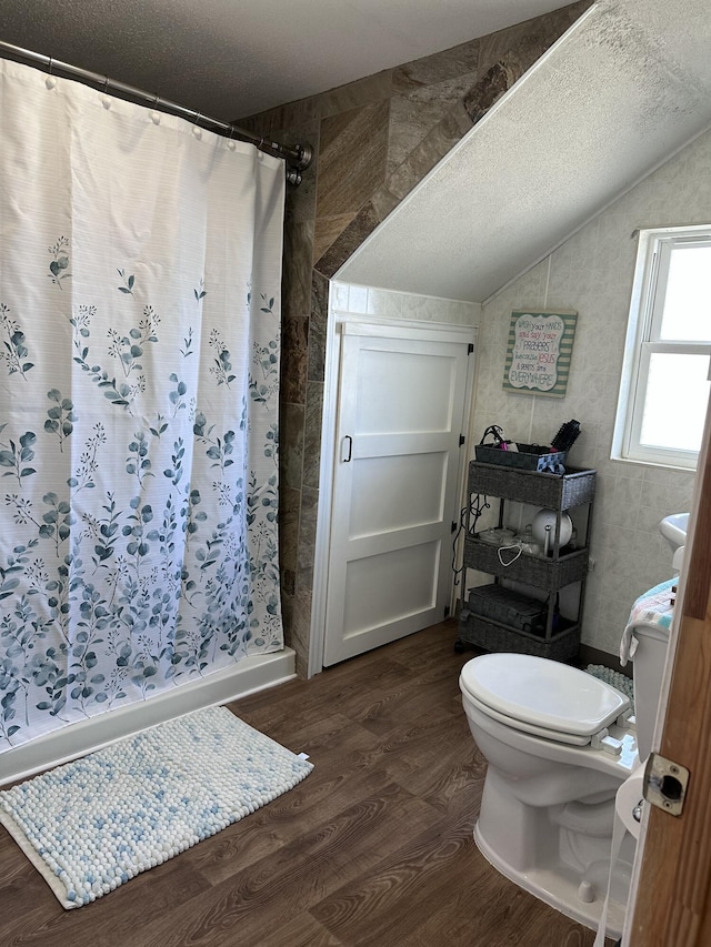 406 S Elm Ave, Jackson, MI 49203 - bathroom featuring toilet, wood finished floors, a stall shower, lofted ceiling, and a textured ceiling