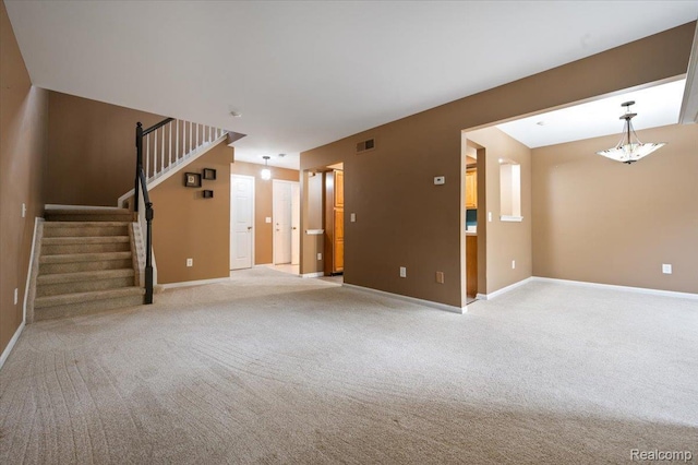 4632 Hunters Cir W, Canton, MI 48188 - unfurnished living room with carpet flooring, baseboards, and stairs