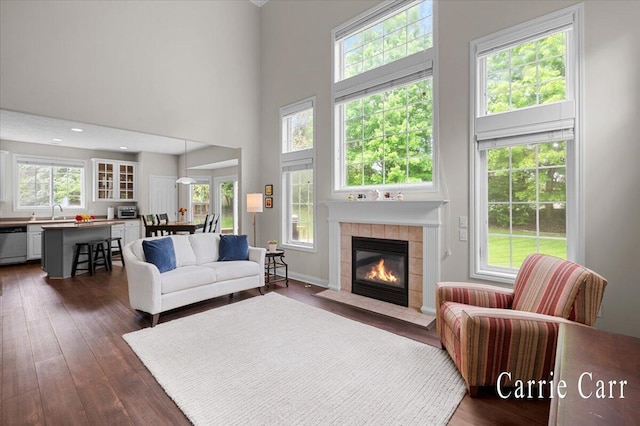 745 Abbey Mill Ct SE, Ada, MI 49301 - living area featuring a fireplace, a towering ceiling, and dark wood-style floors