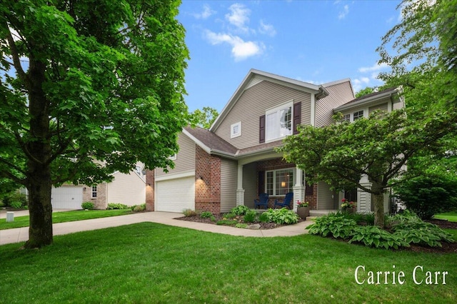 745 Abbey Mill Ct SE, Ada, MI 49301 - view of front of house featuring a porch, concrete driveway, a front yard, brick siding, and a garage
