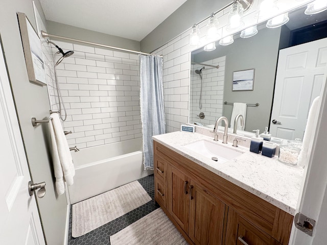 261 Black River St Unit F, South Haven, MI 49090 - full bathroom featuring vanity, shower / bathtub combination with curtain, and tile patterned floors