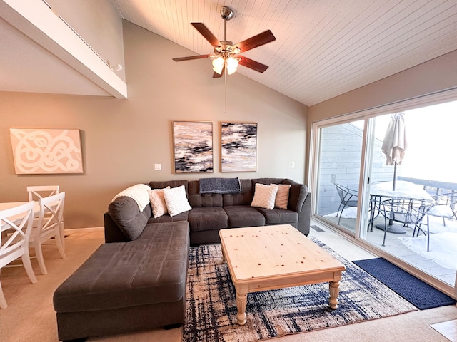 261 Black River St Unit F, South Haven, MI 49090 - living area featuring light carpet, a ceiling fan, and high vaulted ceiling