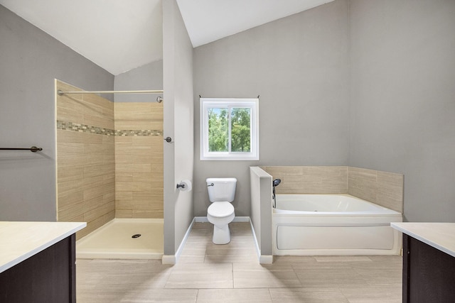 647 Church St, Grass Lake, MI 49240 - bathroom with vanity, toilet, a bath, vaulted ceiling, and tiled shower