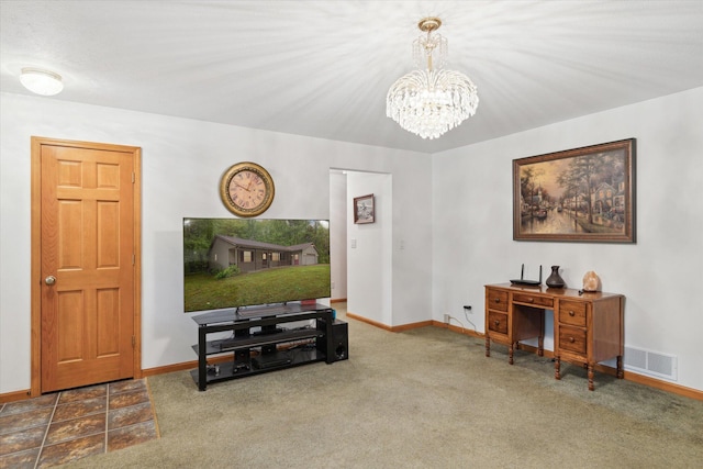 37965 County Road 388, Gobles, MI 49055 - carpeted living area with baseboards and a chandelier