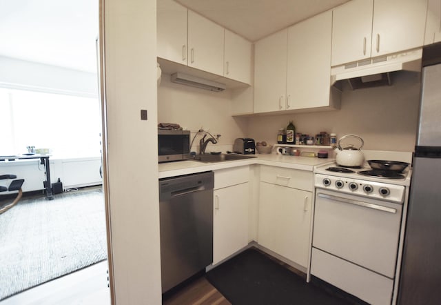 555 E William St Unit 21E, Ann Arbor, MI 48104 - kitchen featuring stainless steel appliances, a sink, under cabinet range hood, light countertops, and cream cabinets