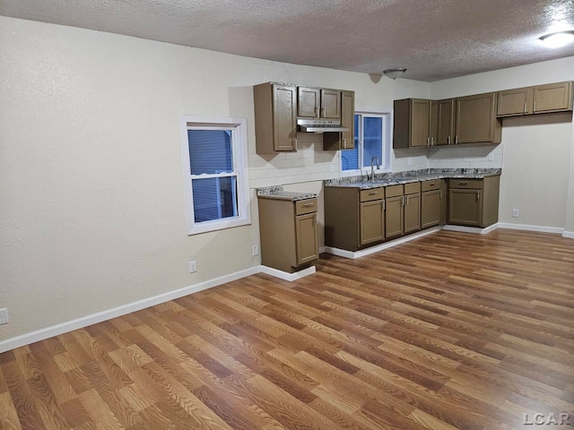 17045 Mill St, Hudson, MI 49247 - kitchen featuring dark wood-type flooring, a textured ceiling, under cabinet range hood, baseboards, and light countertops