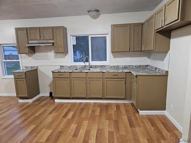 17045 Mill St, Hudson, MI 49247 - kitchen featuring a sink, tasteful backsplash, under cabinet range hood, light wood finished floors, and a textured ceiling