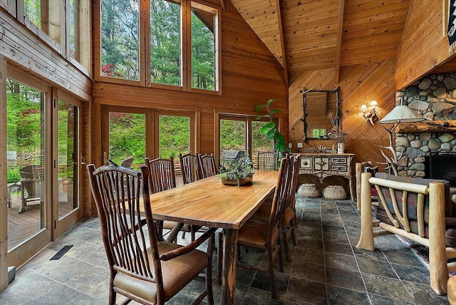 5765 Wildwood Dr, Bridgman, MI 49106 - dining space featuring stone tile floors, high vaulted ceiling, wood walls, and wooden ceiling