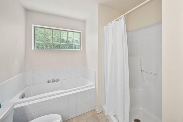 64711 Shorewood Ln, Cassopolis, MI 49031 - bathroom with toilet, curtained shower, a bath, and tile patterned flooring