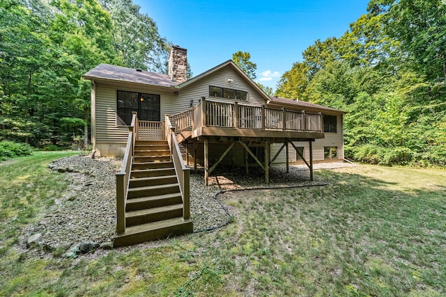 64711 Shorewood Ln, Cassopolis, MI 49031 - rear view of property with stairs, a wooden deck, a chimney, and a yard