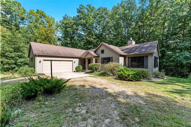 64711 Shorewood Ln, Cassopolis, MI 49031 - ranch-style home featuring concrete driveway, a garage, a chimney, a front yard, and a shingled roof
