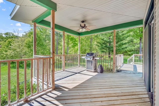 6248 Black Forest Trl, Muskegon, MI 49442 - wooden deck with a ceiling fan, view of wooded area, and grilling area