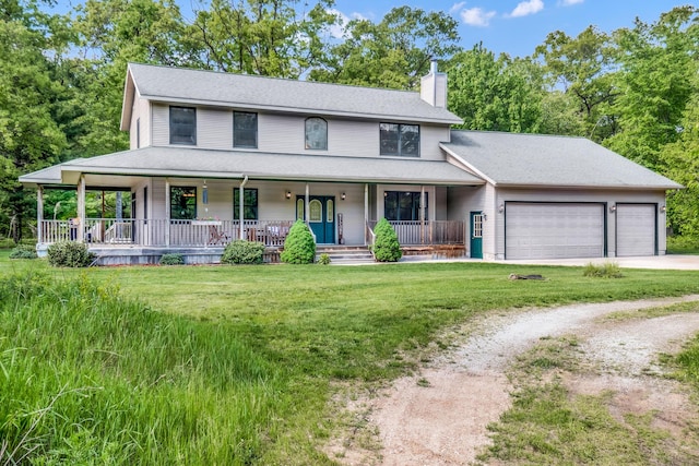 6248 Black Forest Trl, Muskegon, MI 49442 - farmhouse featuring dirt driveway, an attached garage, a chimney, a porch, and a front yard
