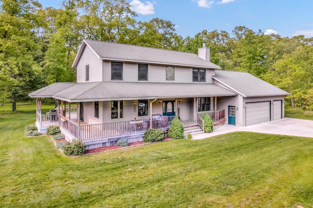 6248 Black Forest Trl, Muskegon, MI 49442 - farmhouse inspired home with covered porch, a chimney, a garage, and driveway