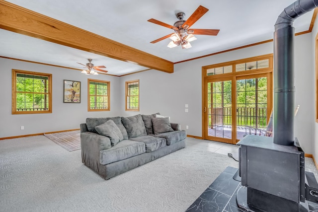 6248 Black Forest Trl, Muskegon, MI 49442 - living area with a wood stove, ceiling fan, healthy amount of natural light, crown molding, and baseboards