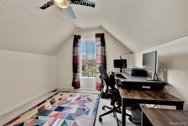 19298 Mitchell St, Rockwood, MI 48173 - office featuring a ceiling fan, vaulted ceiling, and baseboards
