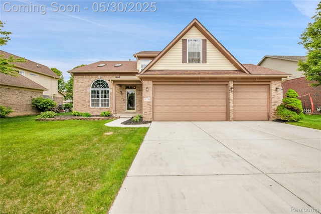 19298 Mitchell St, Rockwood, MI 48173 - traditional-style house with brick siding, concrete driveway, a front lawn, and a garage
