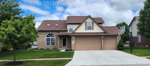 19298 Mitchell St, Rockwood, MI 48173 - traditional-style house featuring a front lawn, concrete driveway, a garage, and brick siding