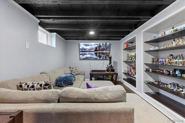 1942 E Troy St, Ferndale, MI 48220 - living area with wood finished floors and wooden ceiling with exposed beams