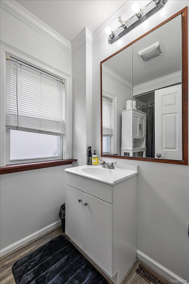 1942 E Troy St, Ferndale, MI 48220 - bathroom with vanity, ornamental molding, wood finished floors, and baseboards