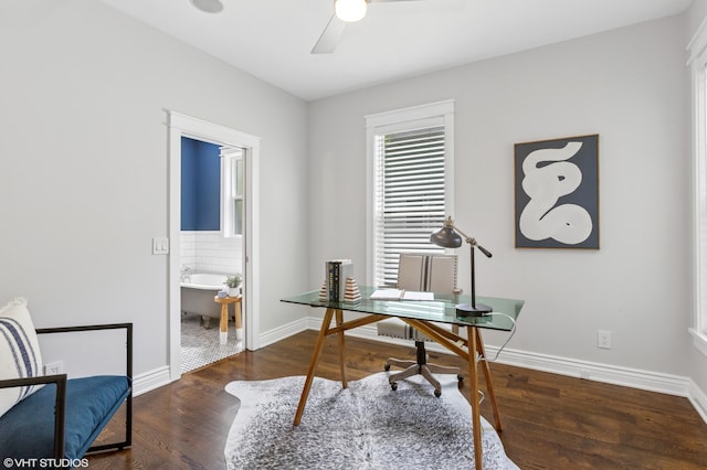 1310 Harrison Ave, Saint Joseph, MI 49085 - office area featuring baseboards, wood finished floors, and a ceiling fan