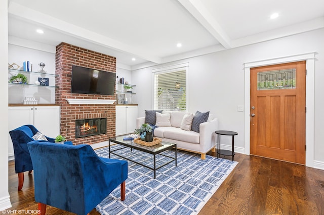 1310 Harrison Ave, Saint Joseph, MI 49085 - living room featuring beam ceiling, wood finished floors, a fireplace, recessed lighting, and baseboards