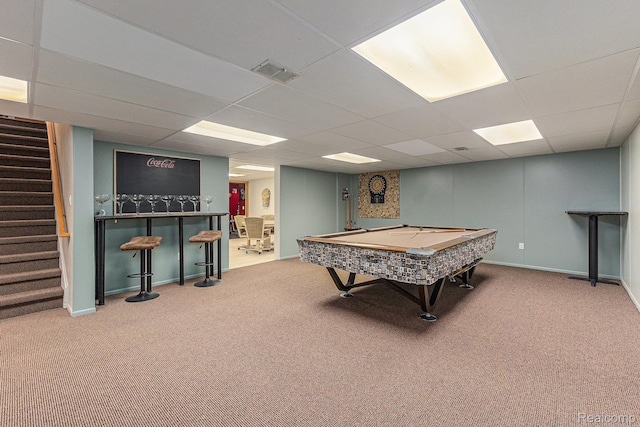 3870 Glen Falls Dr, Bloomfield Hills, MI 48302 - rec room featuring billiards, carpet flooring, a drop ceiling, and baseboards
