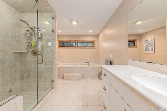 3870 Glen Falls Dr, Bloomfield Hills, MI 48302 - bathroom with a garden tub, a stall shower, vanity, and tile patterned flooring