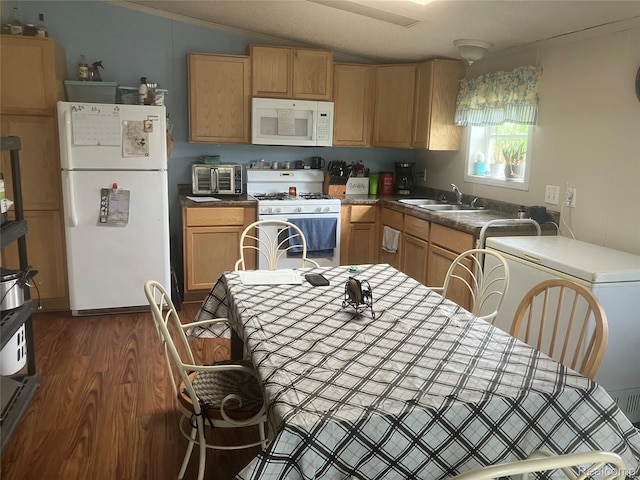 402 Katie Ln, Morrice, MI 48857 - kitchen with white appliances, a sink, lofted ceiling, dark wood-type flooring, and dark countertops