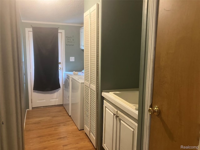 402 Katie Ln, Morrice, MI 48857 - washroom with washer and dryer, a sink, light wood-style flooring, crown molding, and a textured ceiling