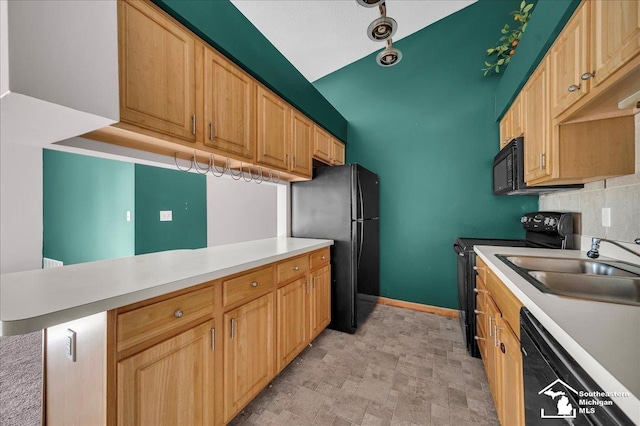 15795 Lakeside Dr, Southgate, MI 48195 - kitchen featuring black appliances, light countertops, baseboards, light brown cabinets, and a sink