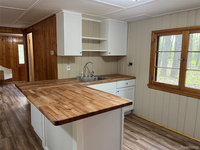 478 Karcher Rd, Rose City, MI 48654 - kitchen with butcher block counters, a sink, dark wood-style floors, white cabinetry, and wooden walls