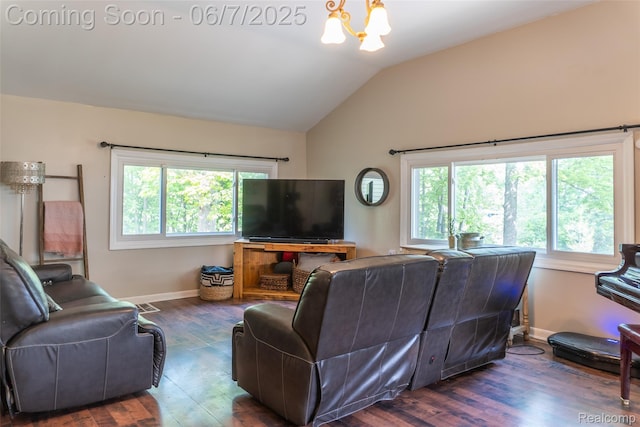 421 S Opdyke Rd, Auburn Hills, MI 48326 - living area with dark wood-style flooring, a chandelier, vaulted ceiling, and baseboards