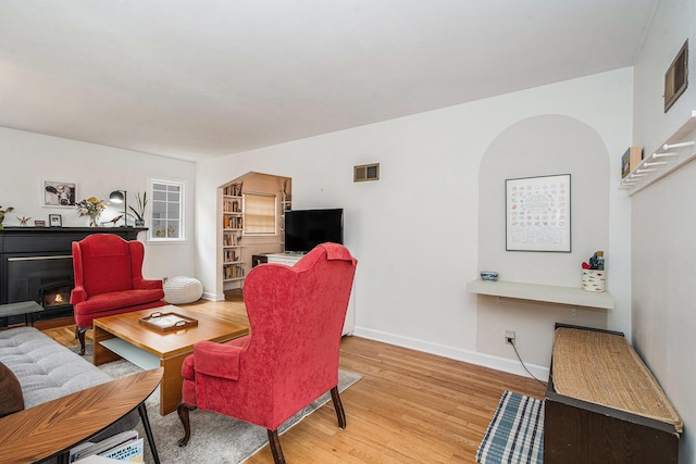 808 Princeton Ave, Ann Arbor, MI 48103 - living area with light wood finished floors, baseboards, a warm lit fireplace, and arched walkways
