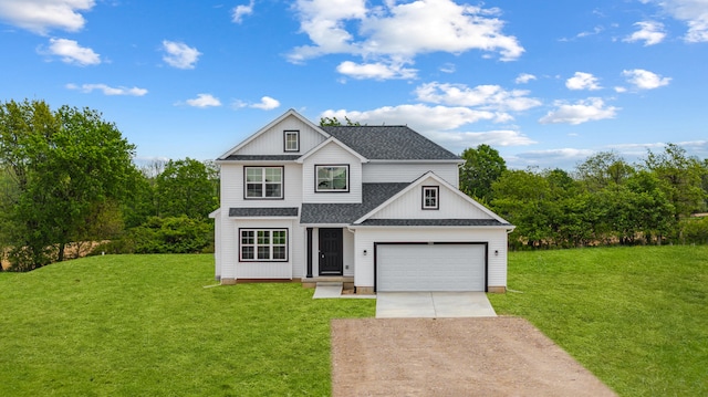 705 Montels Way, Charlotte, MI 48813 - view of front of home featuring dirt driveway, a front lawn, a shingled roof, and a garage