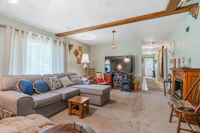 75 Taylor Ave, Battle Creek, MI 49037 - living room featuring carpet floors and beamed ceiling