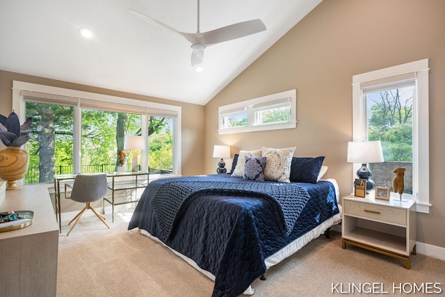 127 Emmet St, Grand Haven, MI 49417 - bedroom featuring carpet flooring, multiple windows, high vaulted ceiling, recessed lighting, and a ceiling fan